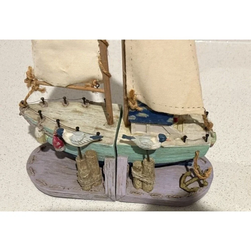 Vintage Sailboat Bookends Docked with Birds